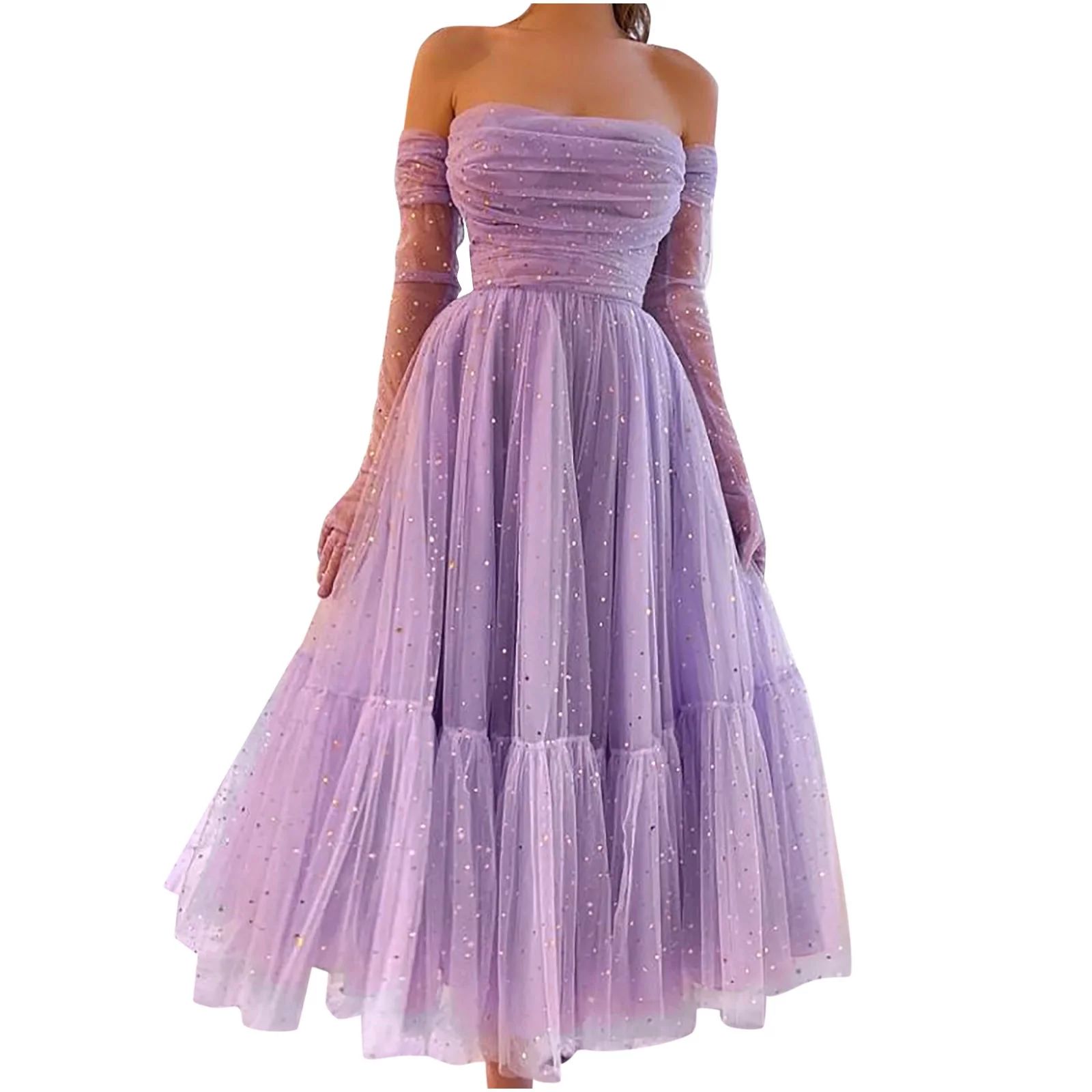 Tulle Dress for Women Formal Wedding Purple Sparkly Graduation Strapless Tube Long Gown Evening P... | Walmart (US)