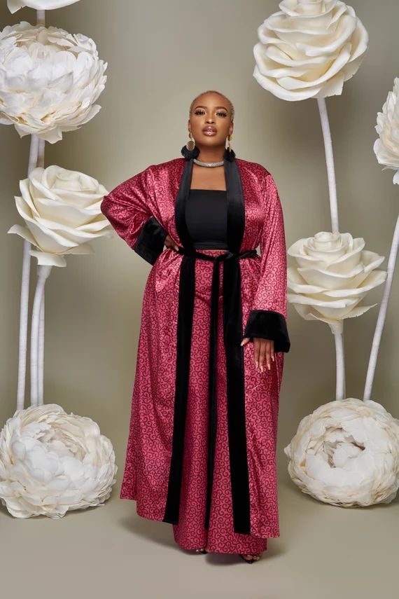Aisha Ankara Print Velvet Kimono With Belt And Pockets Pink/black | Etsy (US)