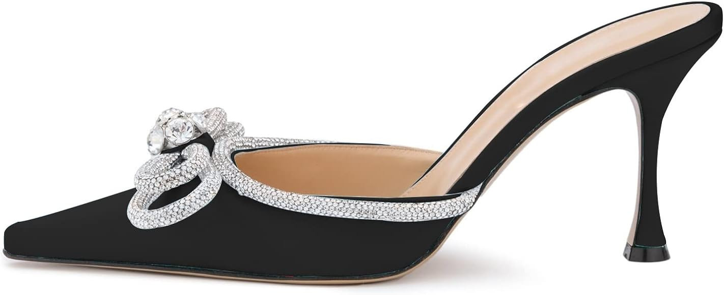 LauraVicci Women High Heeled Mules Rhinestone Embellished Crystal Double Bow Satin Sandals Pointy... | Amazon (US)