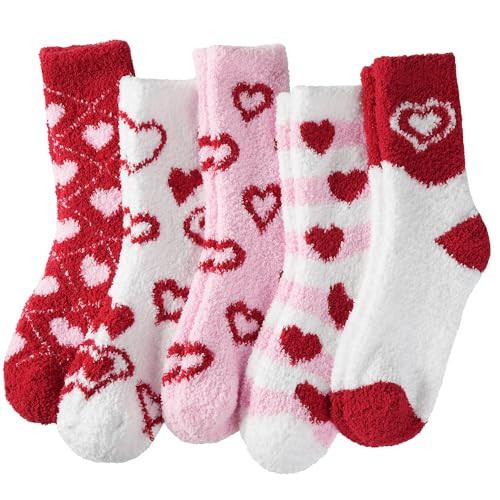 ZhiNuSi Fuzzy Socks for Women Soft Cozy Warm Fluffy Winter Gifts Slipper Plush Sleep Socks Red Hearts 5 Pairs | Amazon (US)