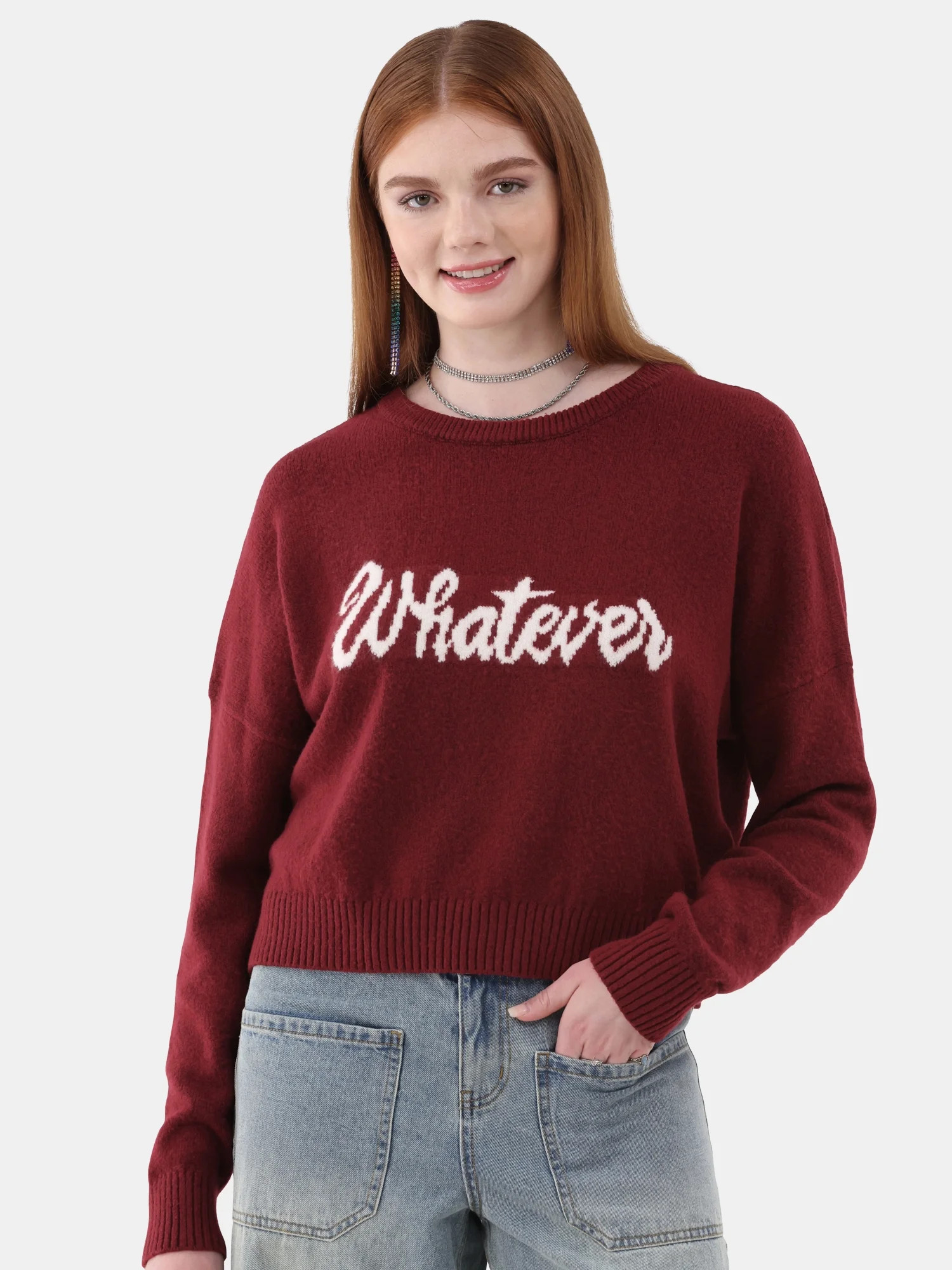 No Boundaries Cropped Conversation Sweater, Midweight, Women’s and Women's Plus Sizes XXS-2XL -... | Walmart (US)