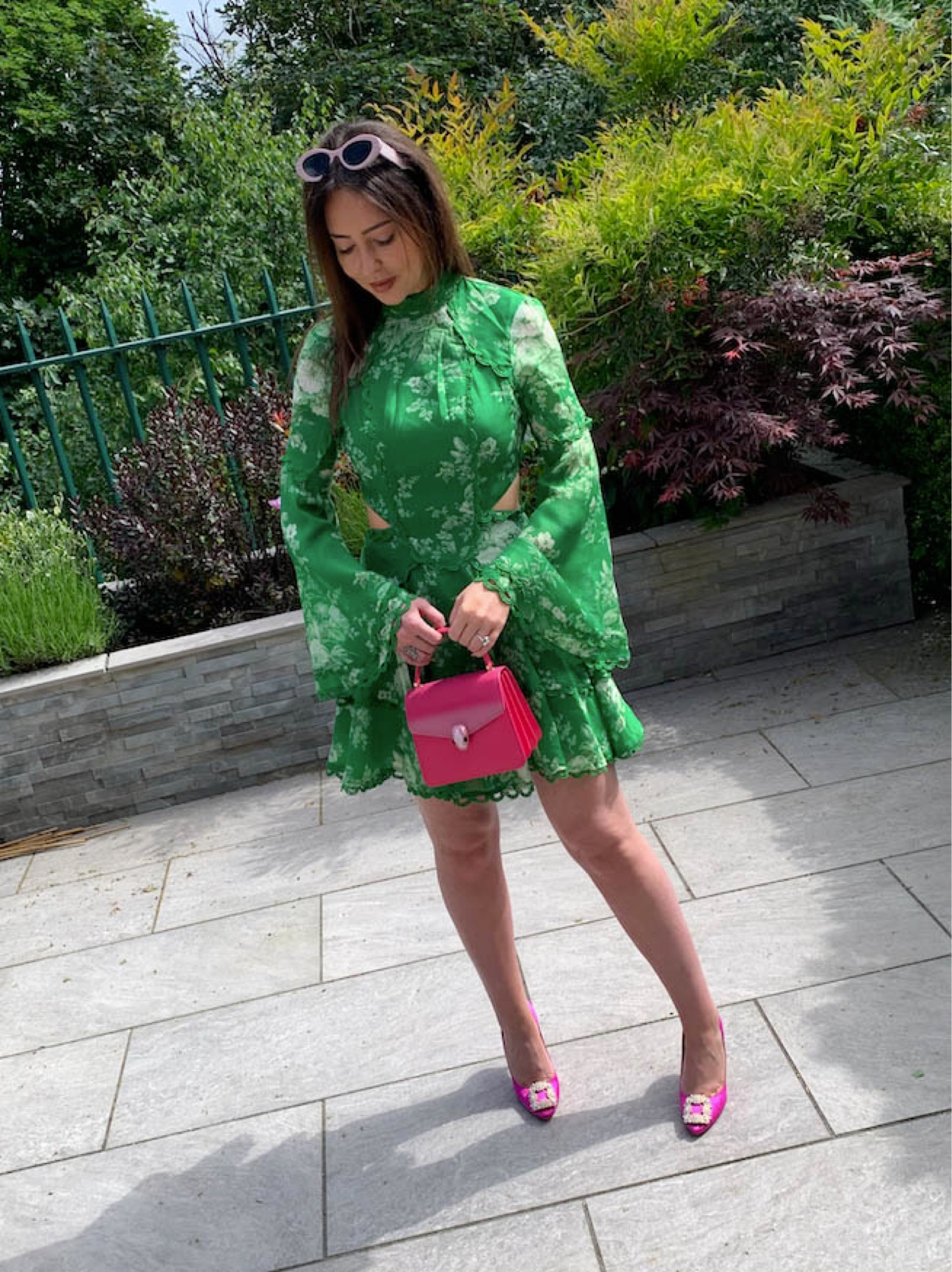 Long sleeve cut out green floral dress, lace dress, pink buckle heels, pink handbag, white sunglasses 

#LTKstyletip #LTKSeasonal #LTKeurope