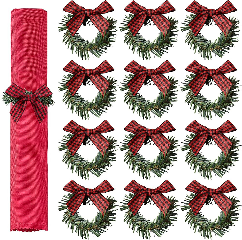Christmas Napkin Rings Set of 12 - Small Artificial Pine Needles Wreath Napkin Holder with Red an... | Amazon (US)