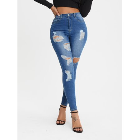 Women s Curvy High Rise Distressed Skinny Jeans | Walmart (US)