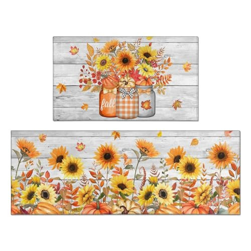 Fall Kitchen Rugs Set of 2,Fall Entrance Door Mat Pumpkin Sunflower Non Slip Kitchen Rug for Kitchen Floor Waterproof Washable Rug Runner for Autumn Thanksgiving Kitchen Laundry 17x30+17x47In | Amazon (US)