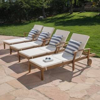 Teak Brown 4-Piece Wood Outdoor Chaise Lounge Set with Beige Cushions | The Home Depot