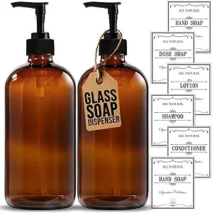 16 OZ Thick Amber Glass Soap Dispenser with Pump 2 Pack, Hand and Dish Soap Dispenser Set for Bat... | Amazon (US)