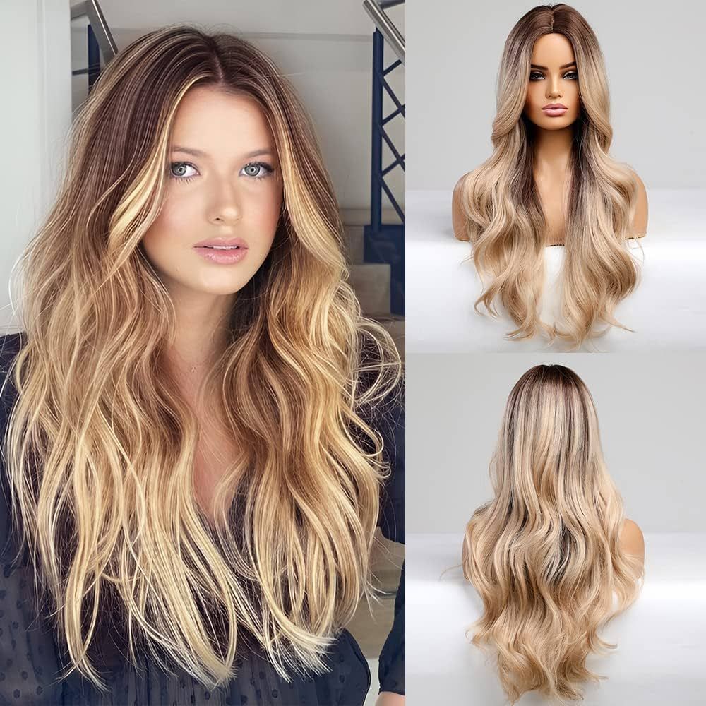 piaou Long Ombre Blonde Wig for Women 26 inches Synthetic Blonde Wavy Wigs Middle Part Heat Resis... | Amazon (US)