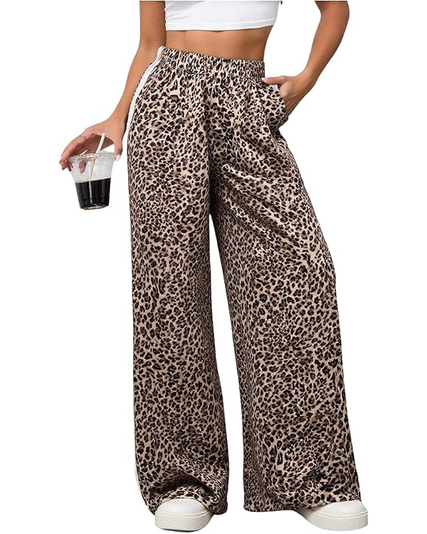 Women's Cheetah Leopard Pants Stripe Side Wide Leg Baggy Sweatpants Y2k Hip Hop Sweat Pants | Amazon (US)
