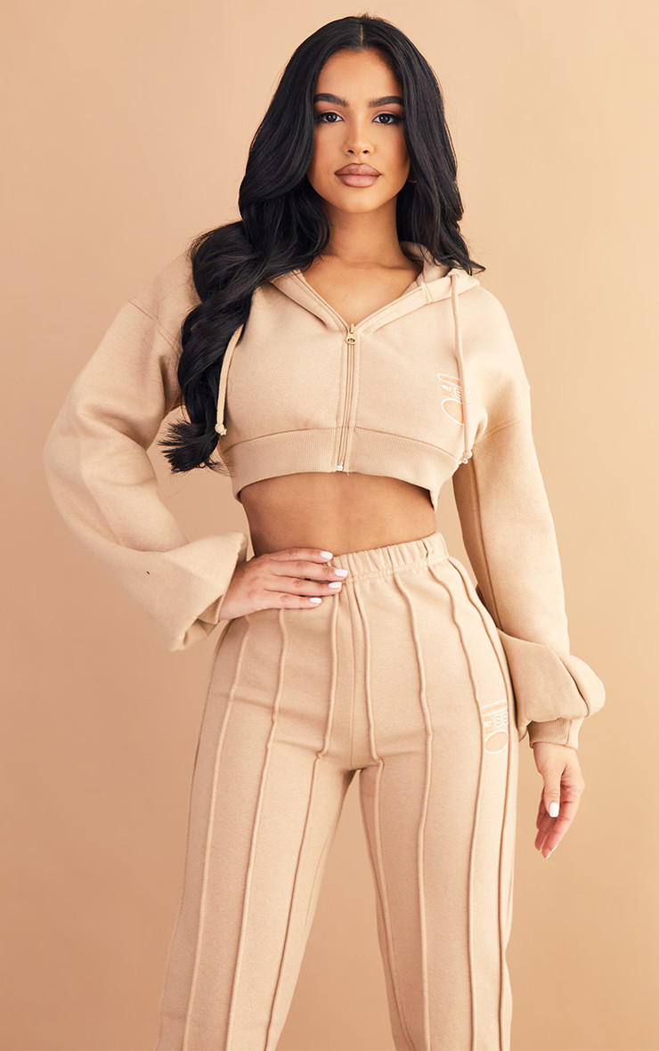 Petite Sand Cropped Zip Up Graphic Detail Hoodie | PrettyLittleThing US