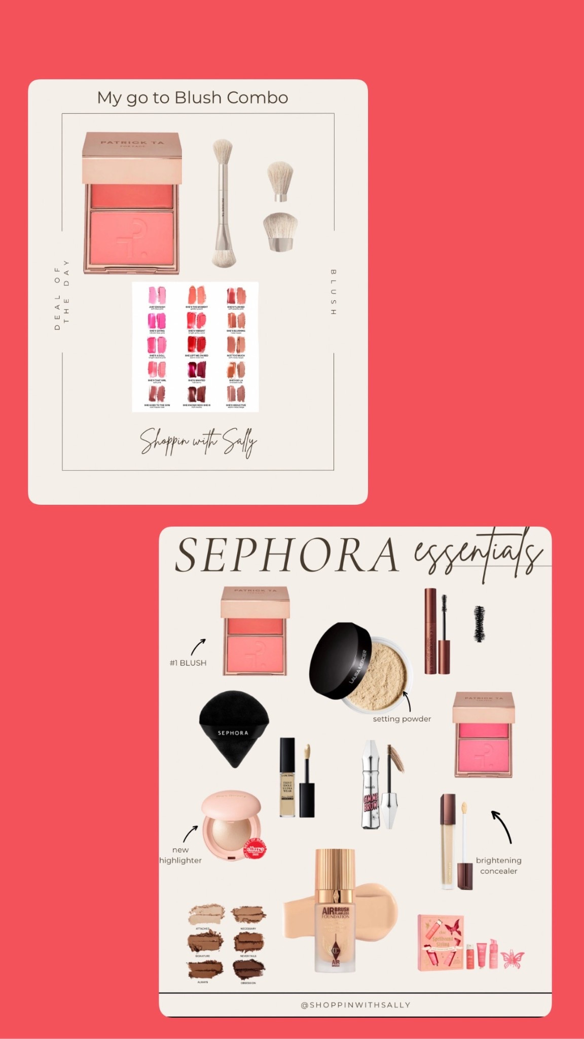 Patrick Ta Blush- She’s the Moment/She’s that Girl
Mascara- Too Faced & Lancôme in brown
Rare Beauty Highlighter - Champagne Gold
Patrick Ta Eye Shadow Palatte- light brown
Setting Powder- Laura Mercier in transient and Huda Beauty in cherry blossom 
foundation- Charlotte Tilbury in 5N
All over concealer- 330 Bisque
Brows- Shade 3 in Gimme Brow
Concealer- Hourglass VanishShade Cedar