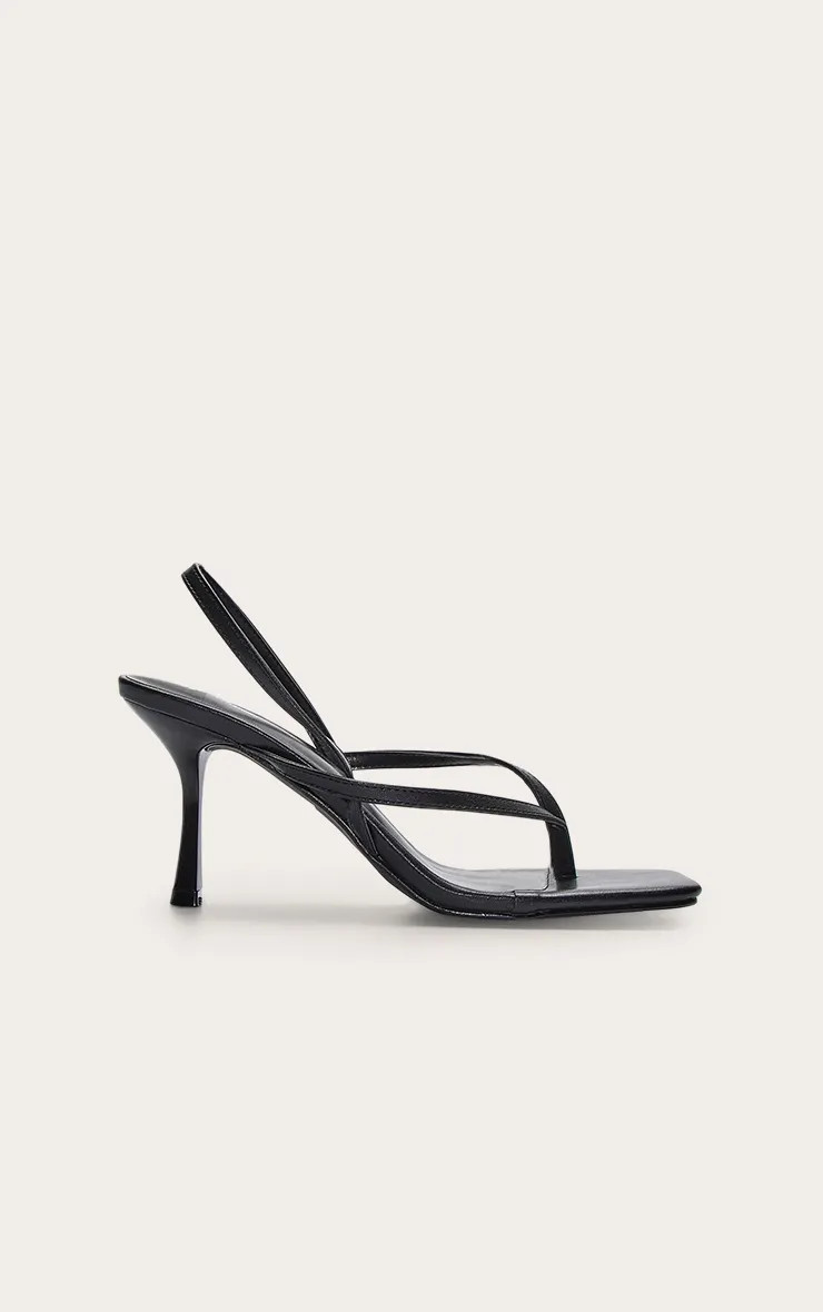 Black Pu Square Toe Thong Sling Back Mid Heeled Sandals | PrettyLittleThing | PrettyLittleThing UK