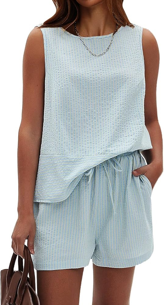 EXLURA Women's Summer 2 Piece Outfits Sleeveless Tank Top Matching Shorts Sets Cotton Striped Swe... | Amazon (US)