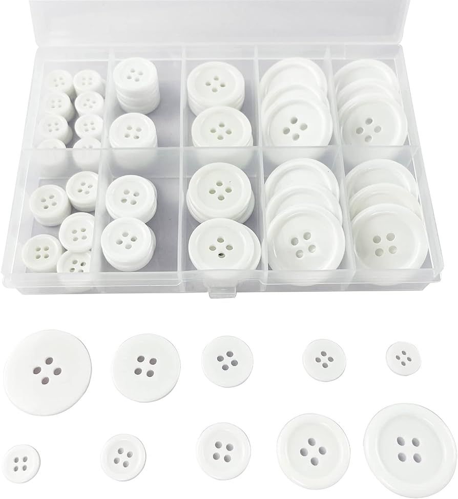 Wennuo 100Pcs White Sewing Buttons,4-Hole Craft Buttons, 5 Sizes ,with Compartment Storage Box, S... | Amazon (US)