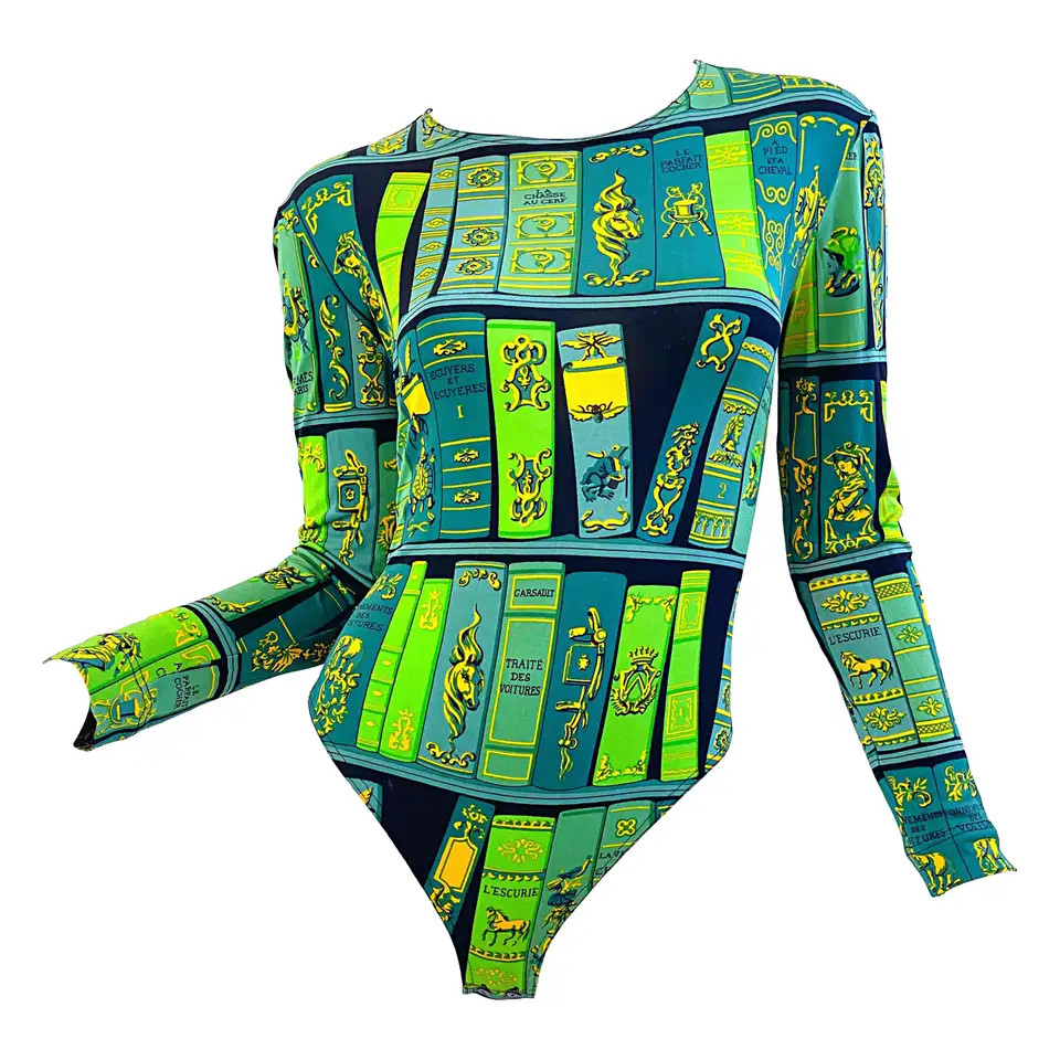 Hermes 1990s Biblotheque by Hugo Grygkar Green Silk 90s Bodysuit | 1stDibs