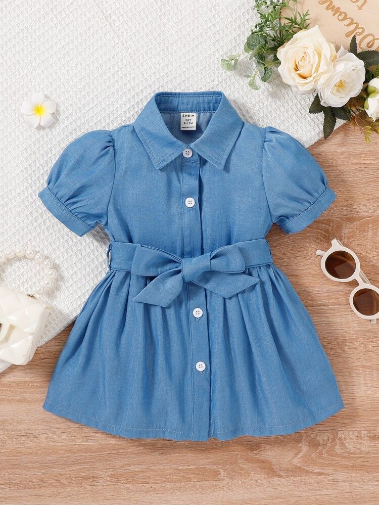 Baby Puff Sleeve Belted Shirt Dress | SHEIN