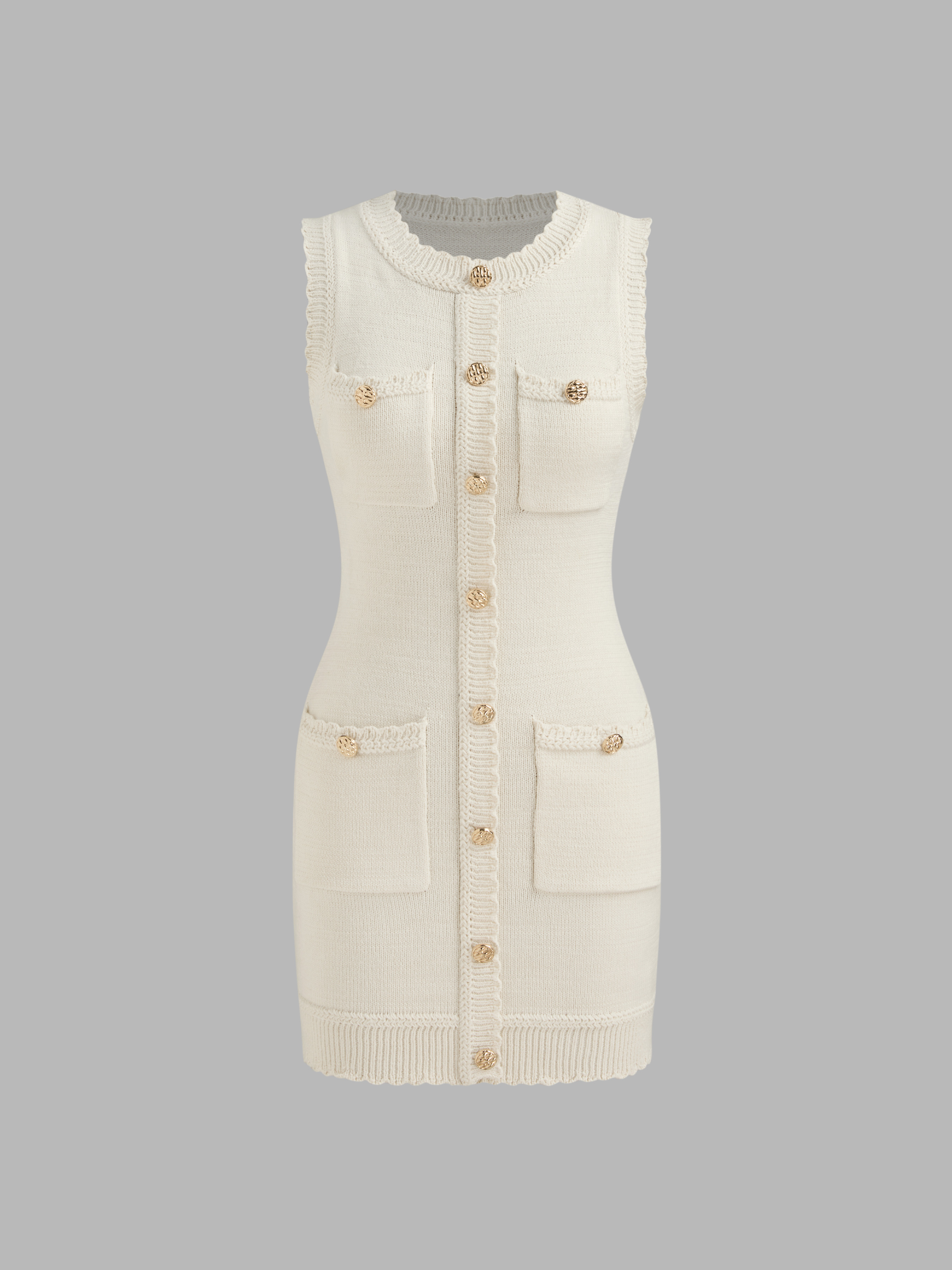 Knit Round Neckline Solid Button Pocket Mini Dress | Cider