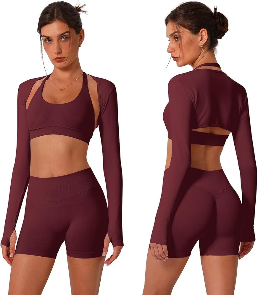 ABOCIW 3 Piece Workout Sets for Women Seamless Halter Sports Bra High Waist Biker Shorts Long Sle... | Amazon (US)