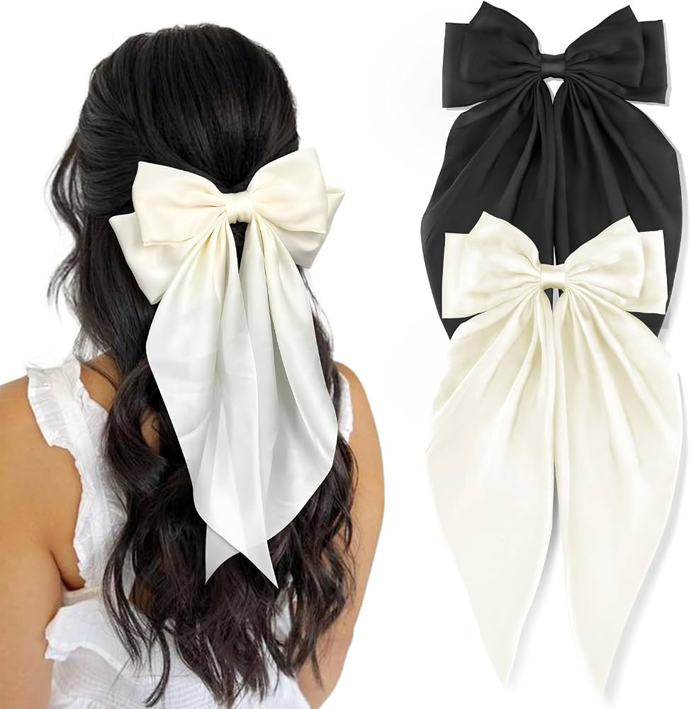 2 Pcs Silky Satin Big Hair Bows Ribbon Hair Barrettes Clip, Large Bow Hair Slides Metal Clips Fre... | Amazon (US)