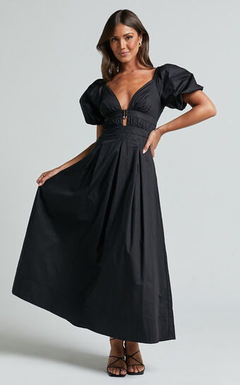Eva Maxi Dress - Plunge Neck Puff Sleeve Cotton Poplin Dress in Black | Showpo (ANZ)
