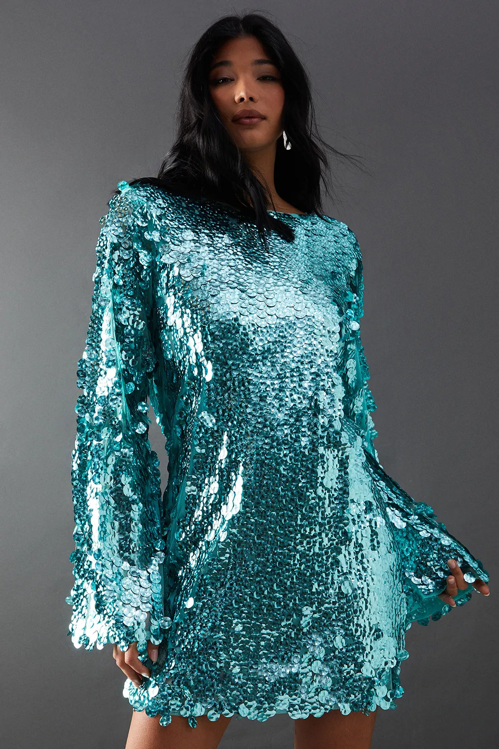 Dresses | Premium Holographic Sequin Slash Neck Mini Dress | Warehouse | Warehouse UK & IE