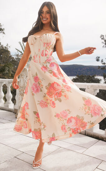 Jonas Midi Dress - Ruched Corset Lace Trim Dress in Vintage Spring Floral | Showpo (US, UK & Europe)