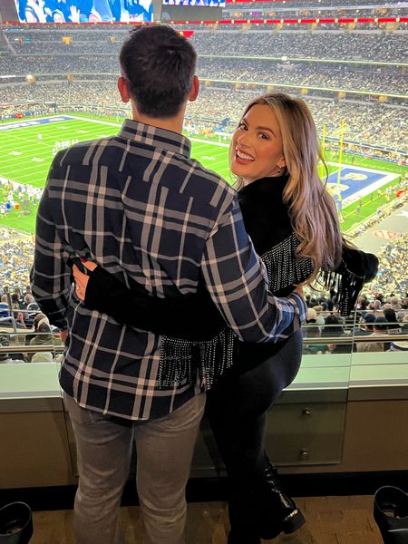His and hers football game outfits - grey jeans and a flannel + spanx faux leather leggings and black fringe jacket use code SARAHROSE15 for 15% off Mizzen + Main

#LTKsalealert #LTKmens #LTKstyletip