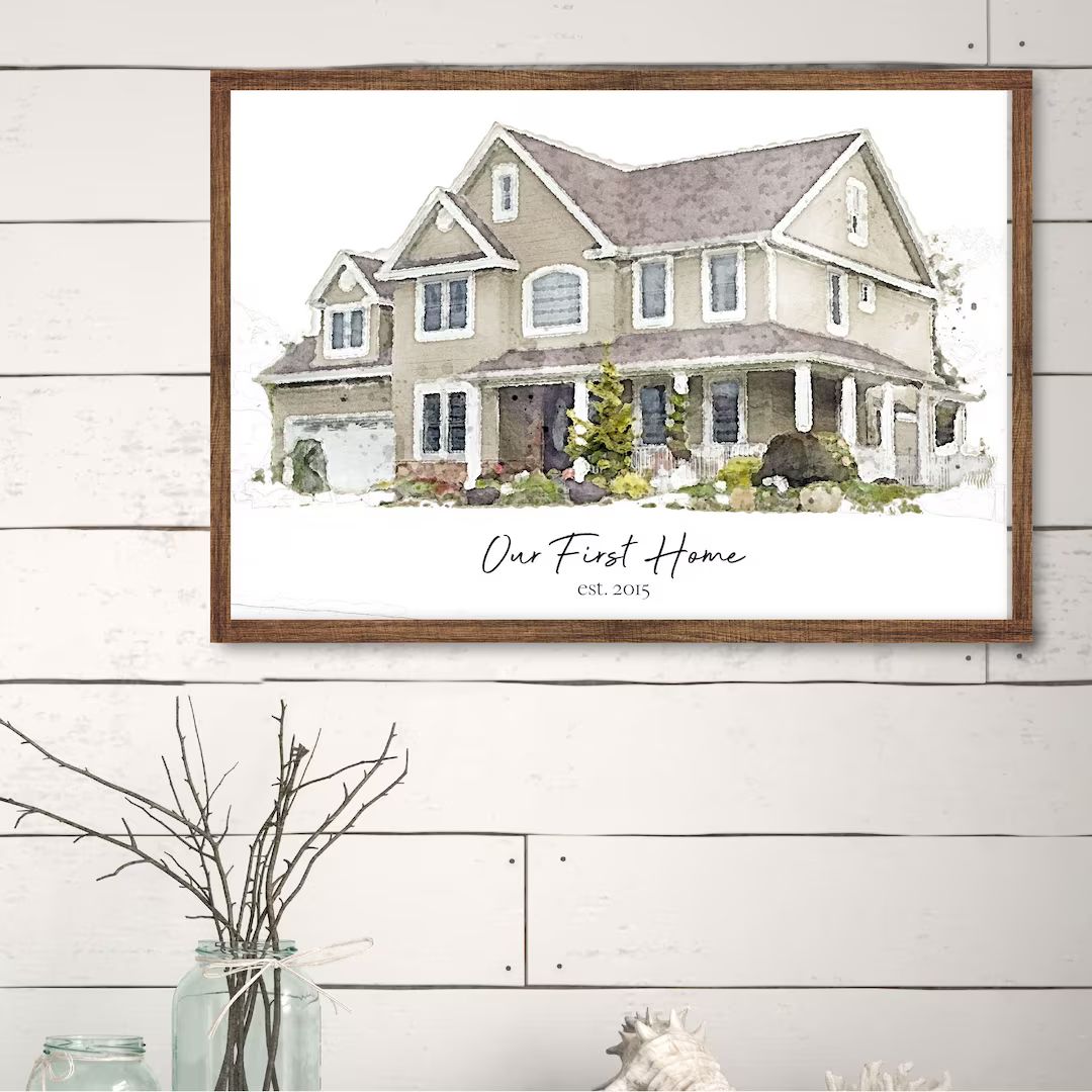 Our First Home Portrait Watercolor Effect on Canvas With - Etsy | Etsy (US)