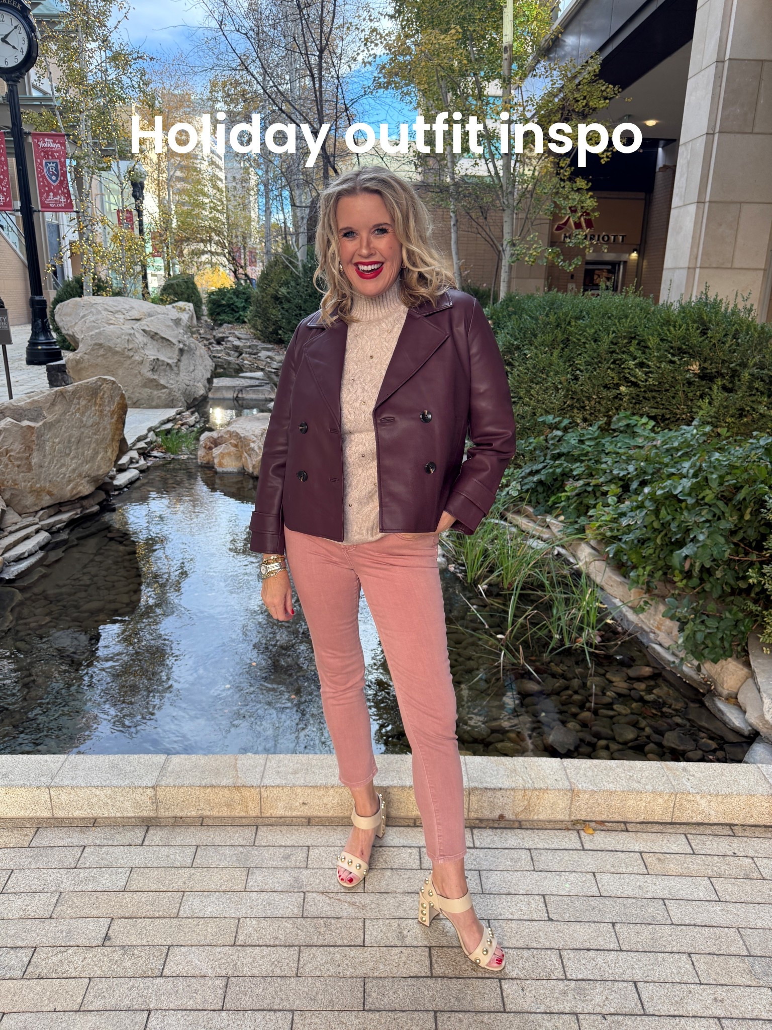 Fun Color combo for the Holidays🌲

Burgundy, pink and cream

Burgundy faux leather cropped trench coat, by Chicos fits tts in the 0

Chico sweater with mocha colored jewelry on it, so soft and has a bell sleeve. Tts in the 0

Pink girlfriend slim straight leg jeans  tts in the 0

Chicos mocha rectangle drop earrings 

Cecelia New York gold studded open toe block heel sandal 

#LTKSaleAlert #LTKHoliday #LTKOver40