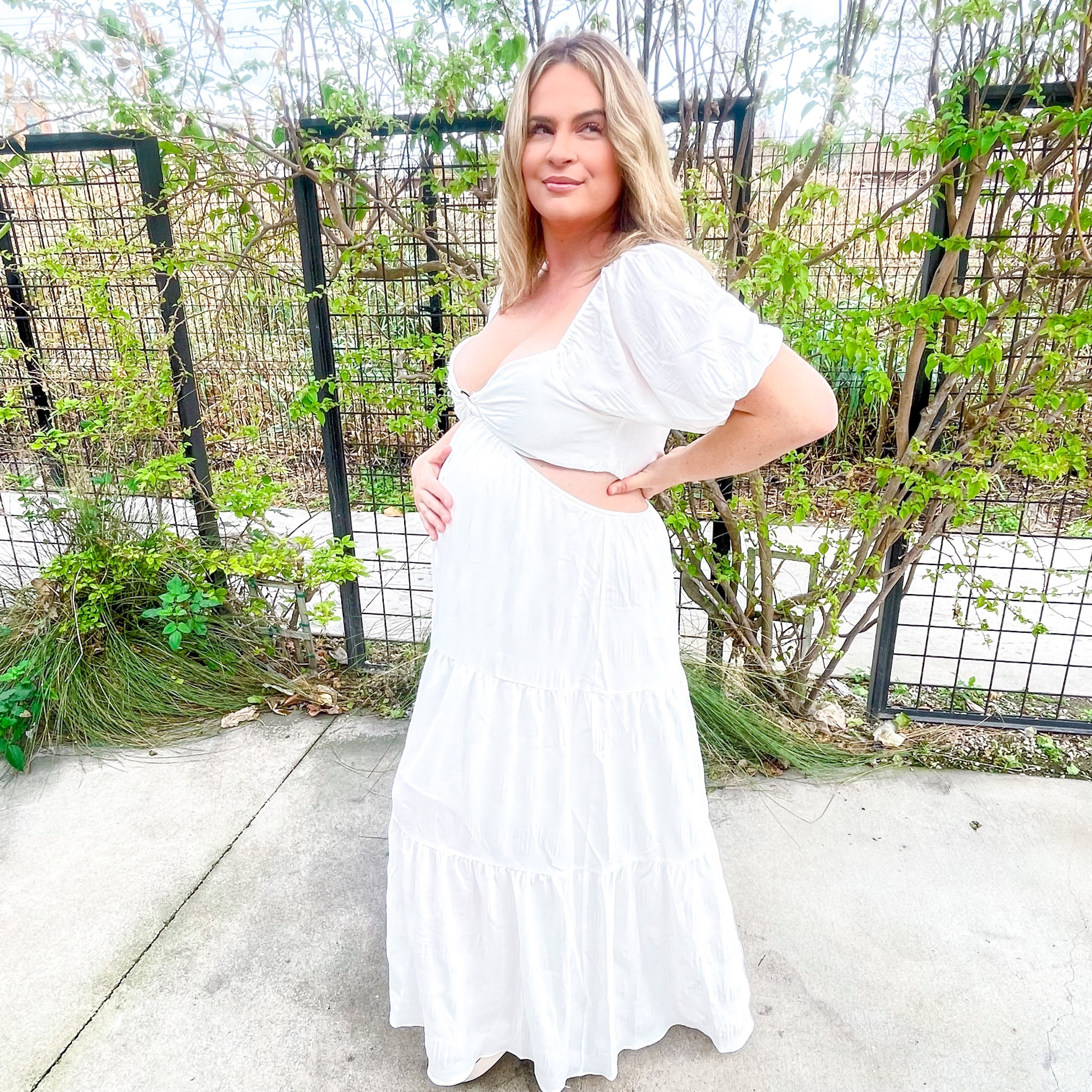 I am 37 weeks pregnant and wearing this stunning white dress with cutouts from vici.
I am wearing a size large. These is stretch in the waist and back for a comfortable fit.

You can wear this dress pregnant and not pregnant.

I’ll some of my other favorite white dresses below too.

Code: Kissthisstyles20 saves you 20% off 

Maternity shoot
Maternity outfit 
Maternity dress
Bump friendly dress

Maternity bra
Maternity underwear
Baby shower dress
Gender reveal dress
Maternity pictures dress 
Maternity dress
Vici dolls
Bumpfriendly dress 


#LTKbump