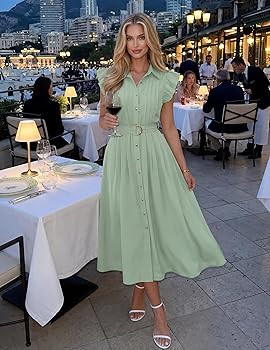 ZESICA Womens Summer Button Midi Dresses 2026 Flutter Short Sleeve Belted Business Casual Work Lo... | Amazon (US)