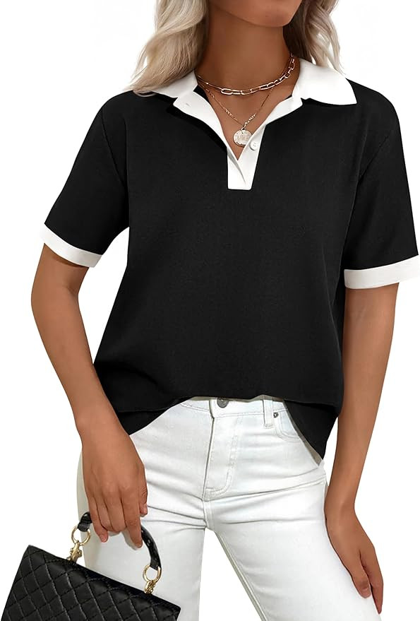 PRETTYGARDEN Summer Short Sleeve Polo Shirts for Women Collared V Neck Work Dressy Tops Knit Loos... | Amazon (US)