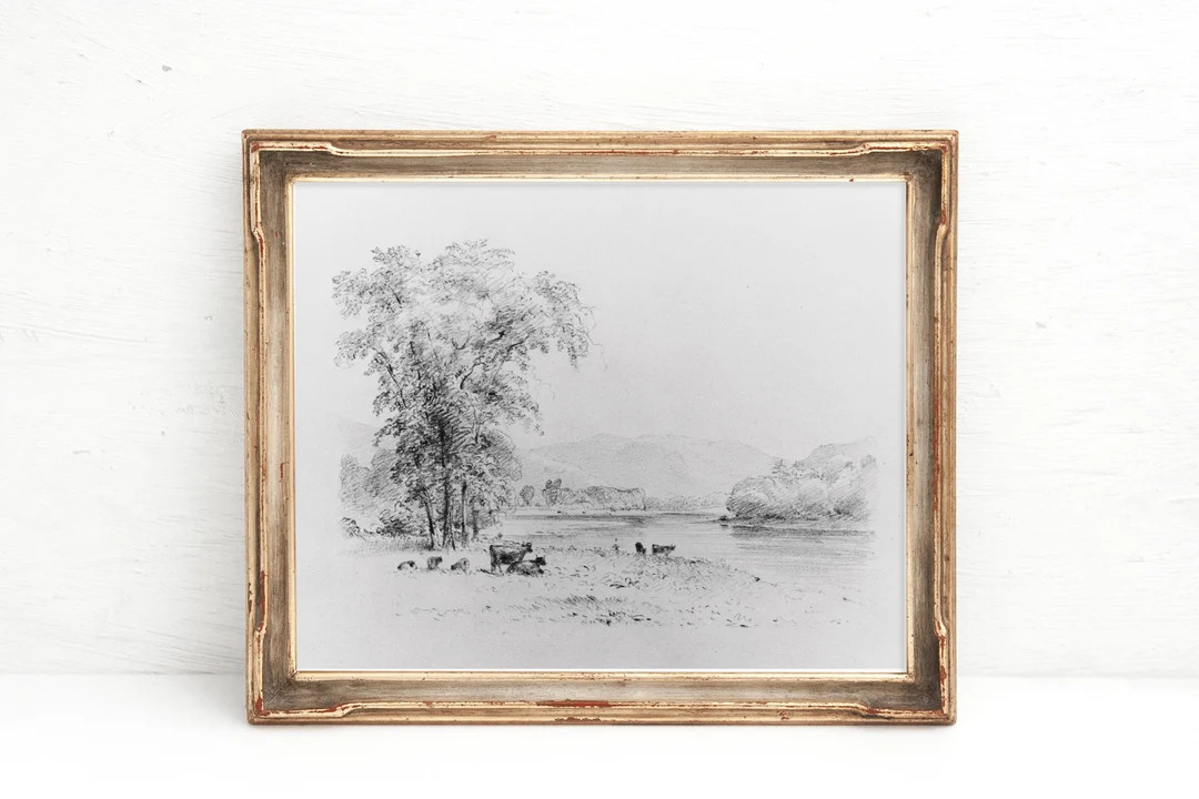 Black and White Vintage Artwork,pencil Sketch Print,antique Landscape Art Print,farm Drawing,simp... | Etsy (US)