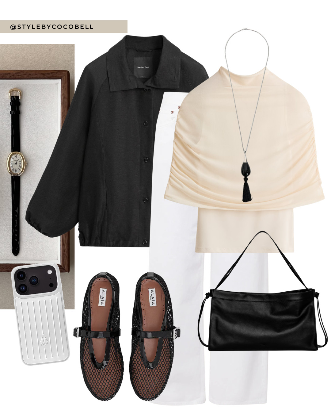 black lightweight jacket, technical jacket, minimal black shirt jacket, cream draped top, ruched blouse, white wide leg trousers, tailored white pants, alaïa mesh mary janes, black mesh flats, black shoulder bag, soft leather bag, long pendant necklace, statement tassel necklace, silver jewelry, neutral chic outfit, modern minimal look, elevated everyday style, soft contrast palette, timeless capsule pieces 

 

#LTKspring