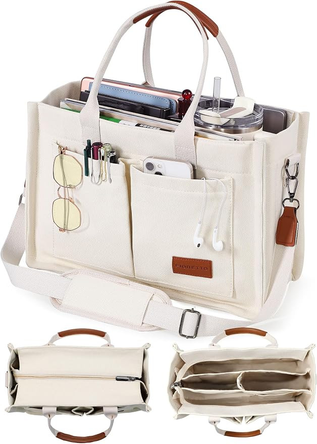 FIORETTO Canvas Tote Bag for Women with Zipper Closure & Individual Compartments for Work College... | Amazon (US)