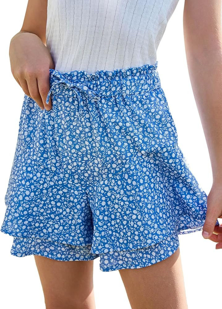 Girls Floral Skirts Kids Fashion Elastic High Waist Ruffle Flowy Shorts with Drawstring 5-14 Year... | Amazon (US)