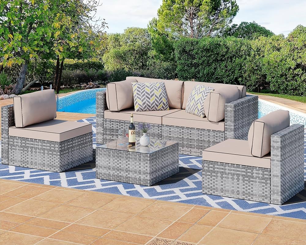 Shintenchi 5 Pieces Outdoor Patio Sectional Sofa Couch, Silver Gray PE Wicker Furniture Conversat... | Amazon (US)