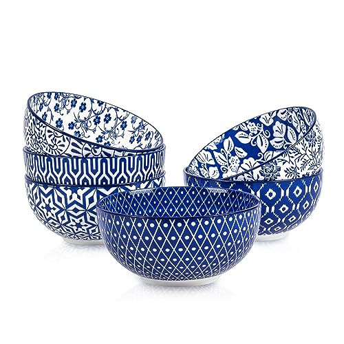 Selamica Ceramic Cereal Bowls Set of 6, 24 Oz Deep Soup Bowls for Kitchen, 5.9 Inch Porcelain Dessert Bowls for Salad, Pasta, Oatmeal, Ramen, Microwave Dishwasher Safe, Set of 6, Vintage Blue | Amazon (US)