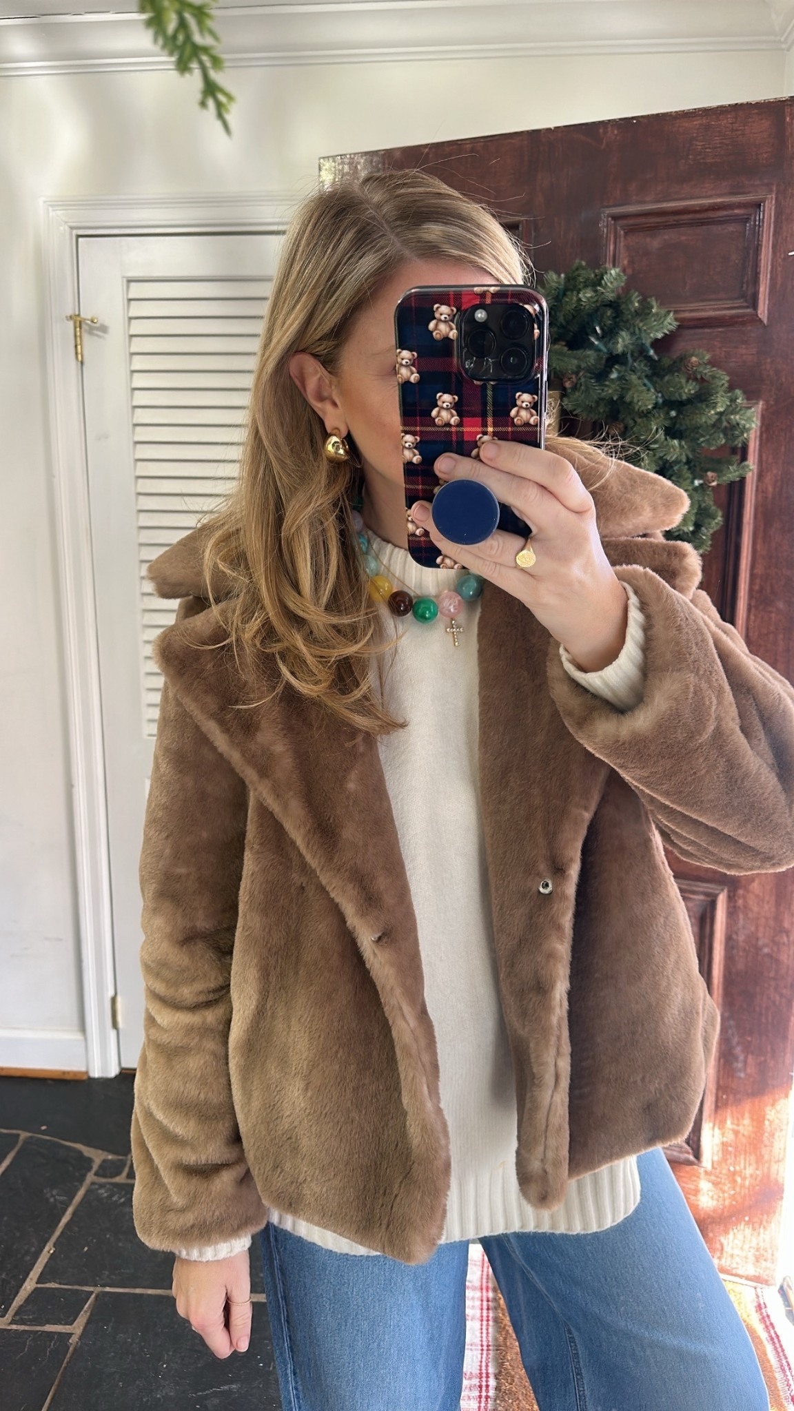 Ootd for last minute Christmas fun! Love this sweater from loft and for jacket from belk! 
Love these wide leg jeans - runs small so I’d size up one! In an 8