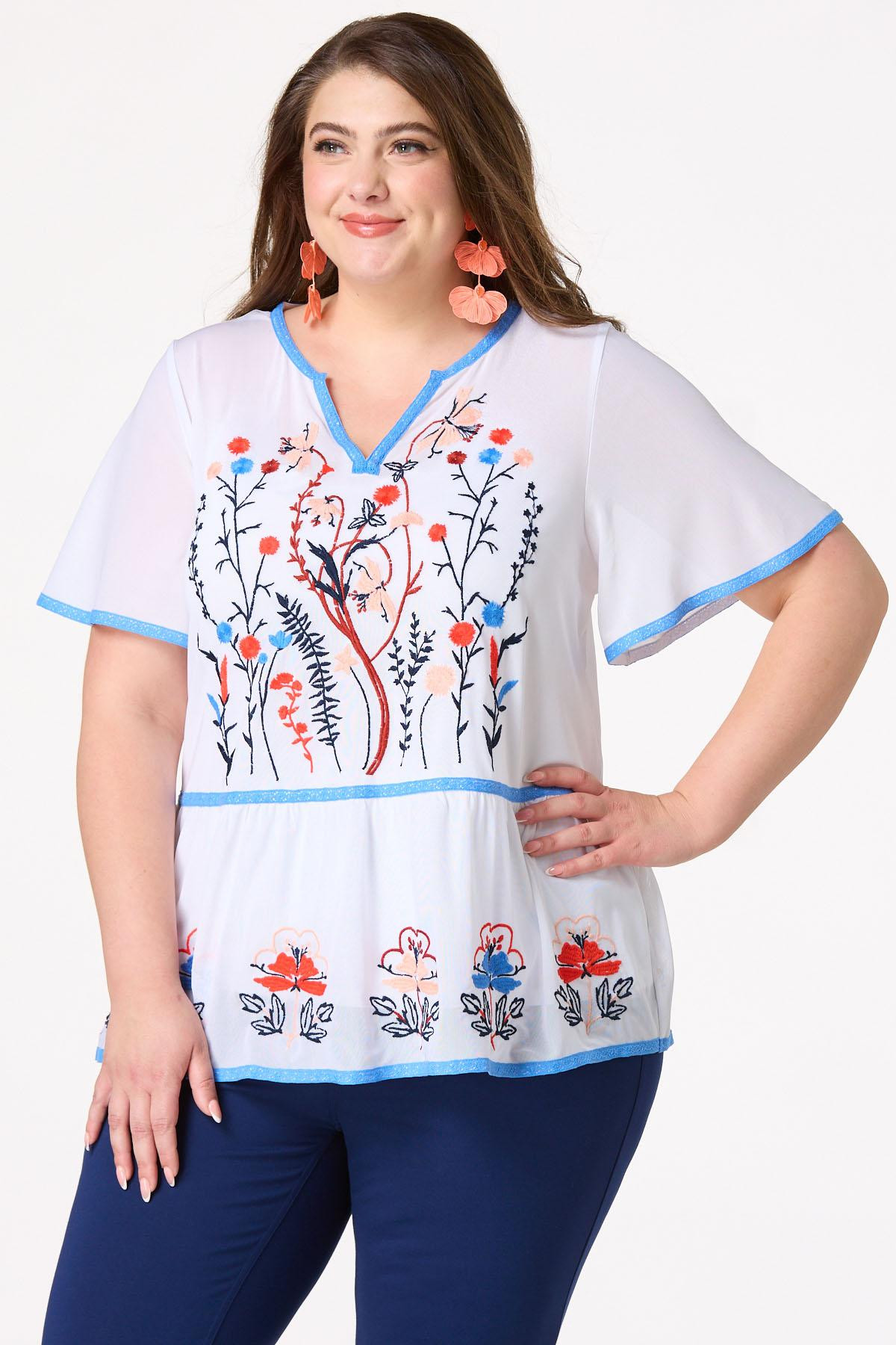 Plus Size Mesh Floral Embroidered Top | Cato Fashions