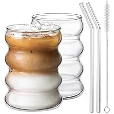 Ework4U 2 Pcs Drinking Glasses with Glass Straw 14oz Glassware Set,Cocktail Glasses,Iced Coffee G... | Amazon (US)