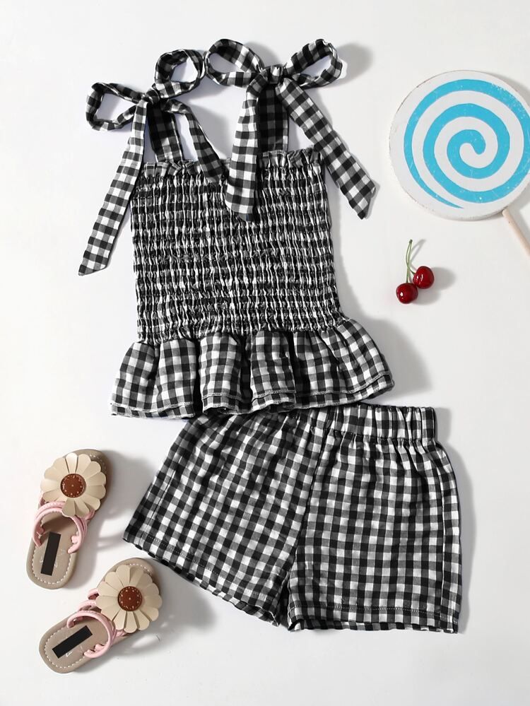 Toddler Girls Gingham Tie Shoulder Shirred Cami Top With Shorts | SHEIN