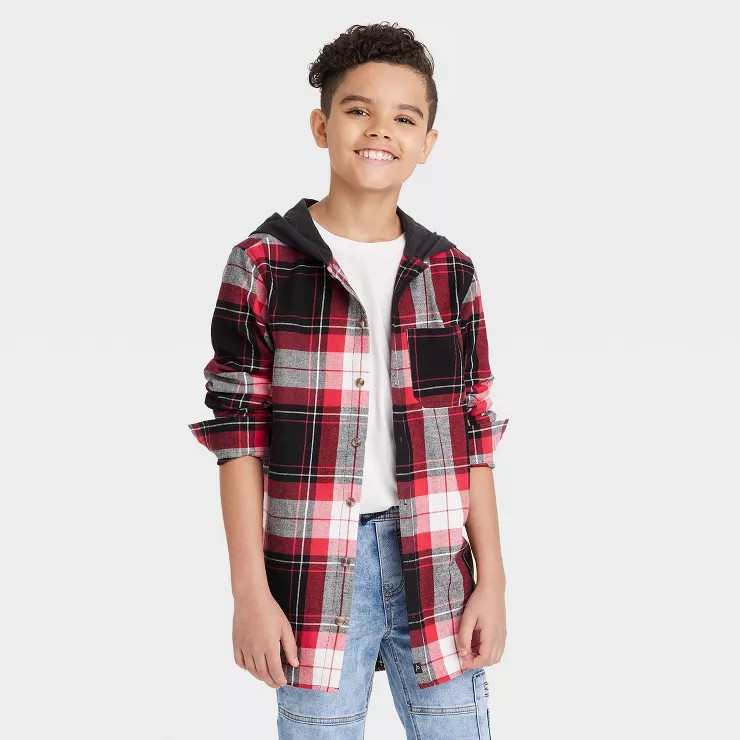Boys' Flannel Hooded Long Sleeve Button-Down Shirt - art class™ | Target