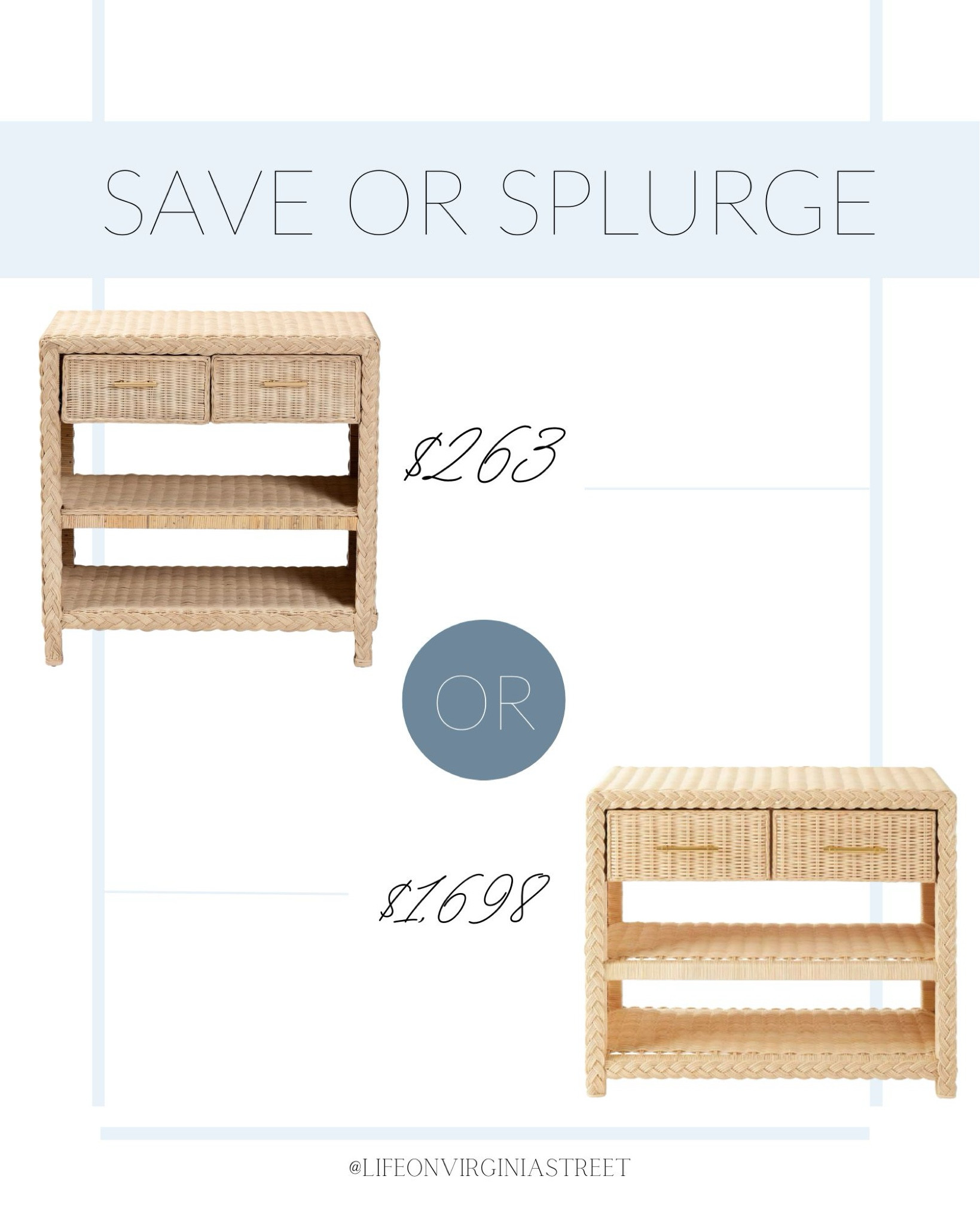Loving these save and splurge options of the Serena & Lily Bungalow nightstand! I love the woven wicker with braided trim and brass details! So perfect for a coastal bedroom!
.
#ltkhome #ltksalealert #ltkseasonal nightstand ideas, neutral furniture, rattan nightstands, gold hardware 

#LTKSeasonal #LTKSaleAlert #LTKHome
