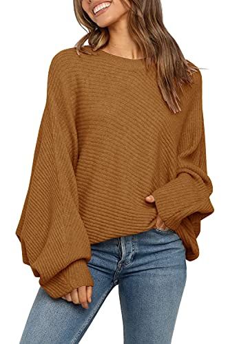 Mafulus Women's Oversized Crewneck Sweater Batwing Puff Long Sleeve Cable Slouchy Pullover Jumper To | Amazon (US)