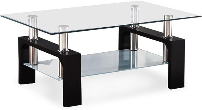 Mecor Rectangle Glass Coffee Table-Modern Side Coffee Table with Lower Shelf Black Wooden Legs-Su... | Amazon (US)