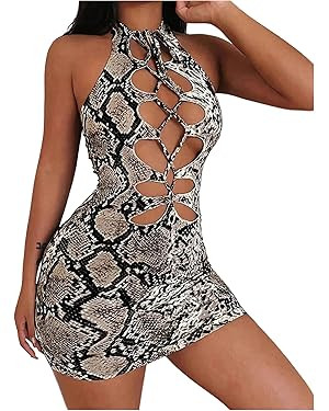 SHENHE Women's Sexy Bodycon Cut Out Halter Mini Dress Animal Print Backless Club Party Dress | Amazon (US)
