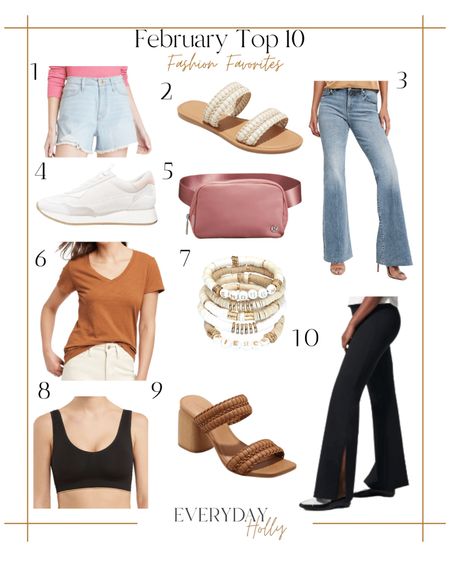 February Top 10 | Fashion Favorites You Are Loving 
Check out the blog at: www.everydayholly.com

express | target | target shorts | lululemon belt bag | sneakers | sandals | spring style | Jeans | accessories 

#LTKshoecrush #LTKstyletip #LTKunder100
