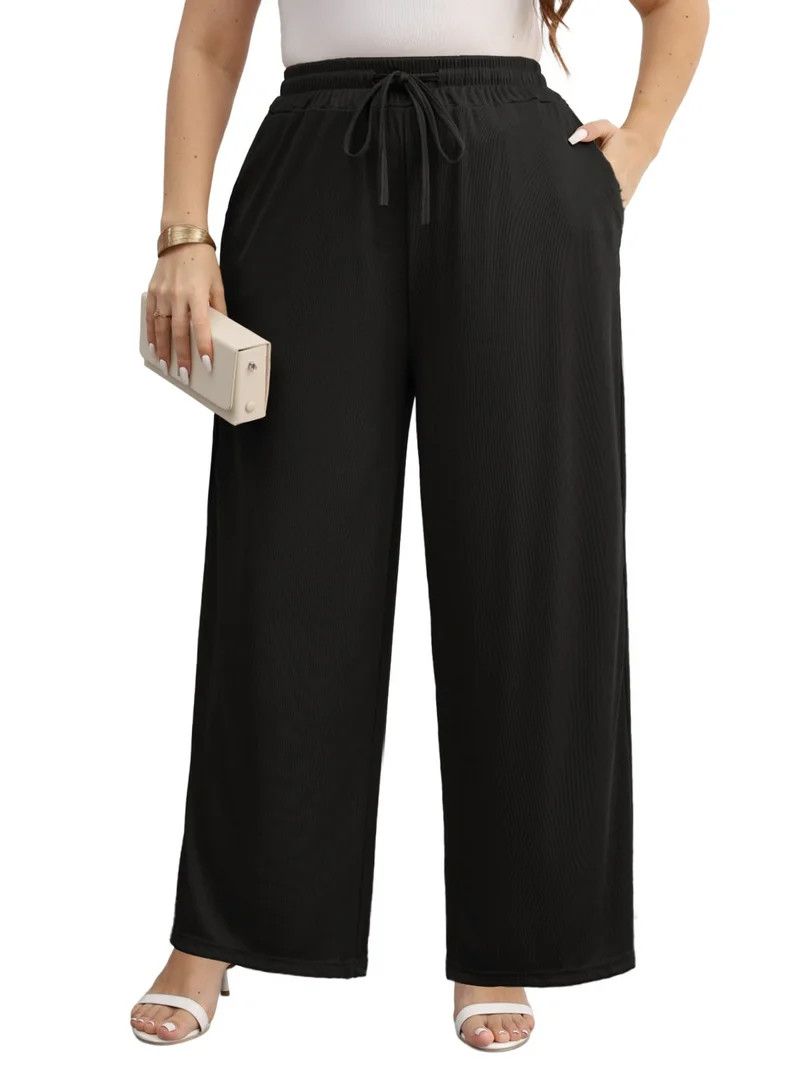 Gleelist Women Plus Size Casual Drawstring Wide Leg Pants Stretchy Straight Long Trousers With Po... | Walmart (US)