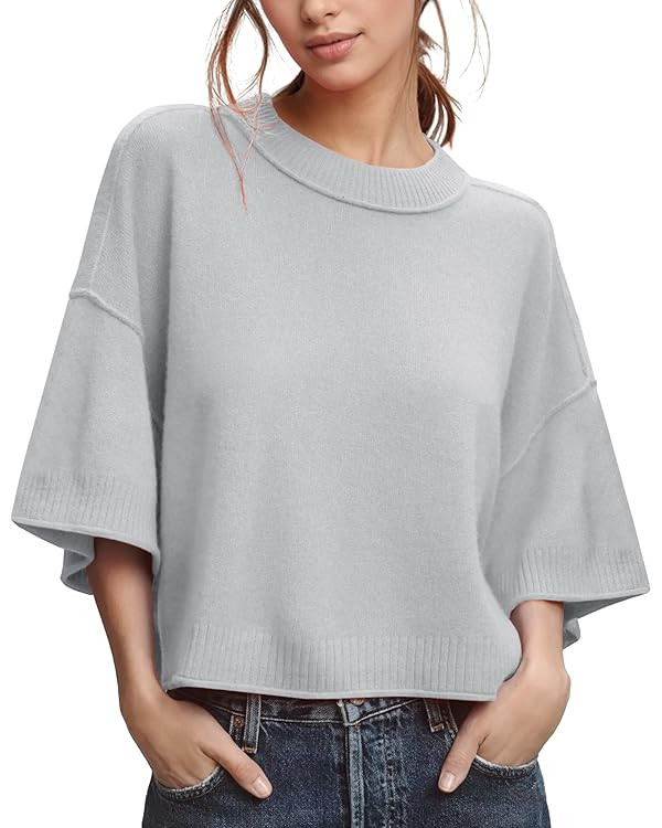 ZDC Women's Oversized Sweaters Summer 3/4 Sleeve Casual Cropped Tops Lightweight Loose Fit Knit P... | Amazon (US)